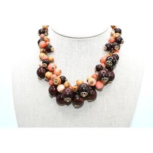 Robert Rose Beaded Necklace Wood Beads Orange Glass Gold Tone 19”